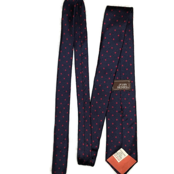 John Henry 100% Italian silk mens tie navy blue with red polka-dots - Picture 9 of 9